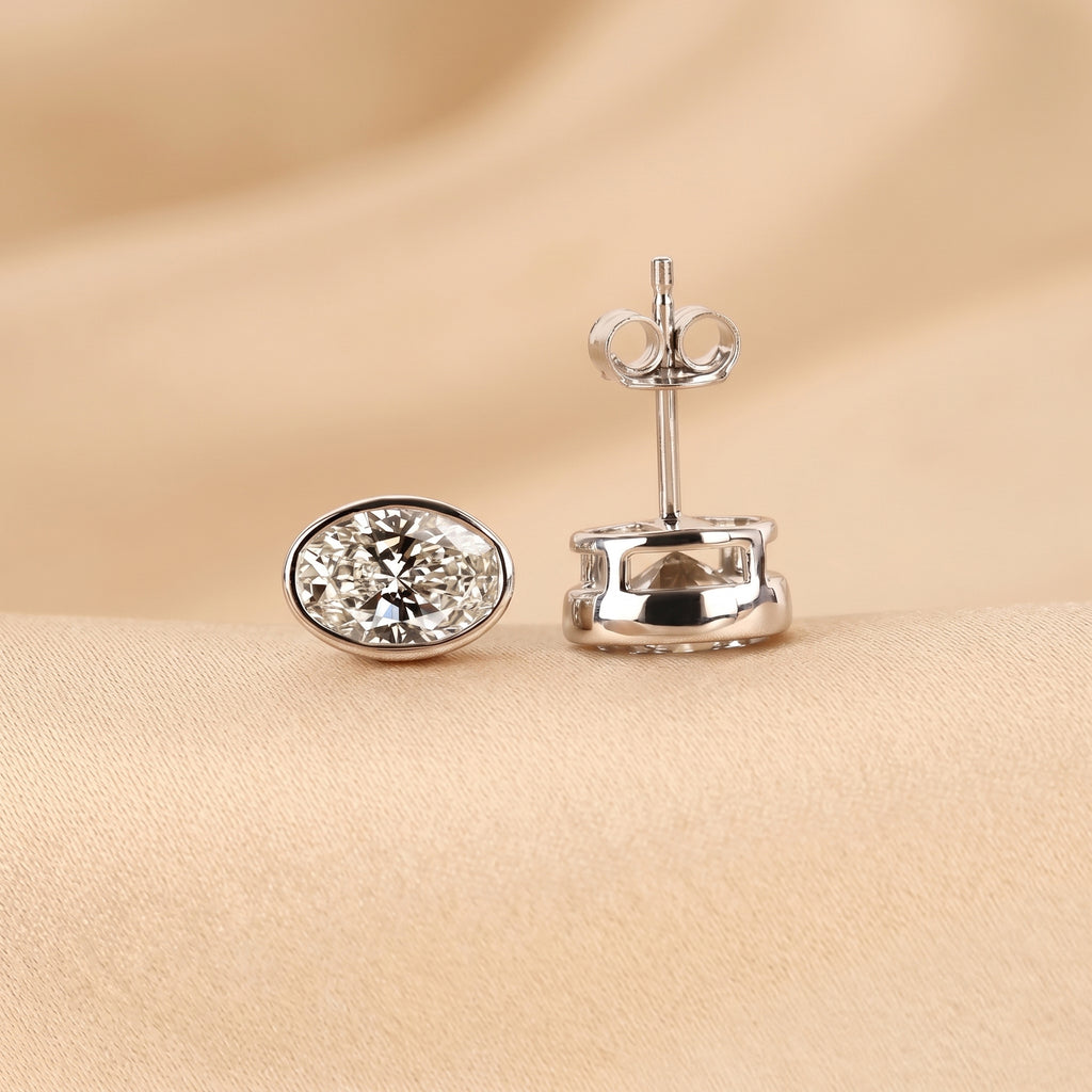 Bezel Set Oval Lab Grown Diamond Stud Earrings in 10K White Gold 3 CTW