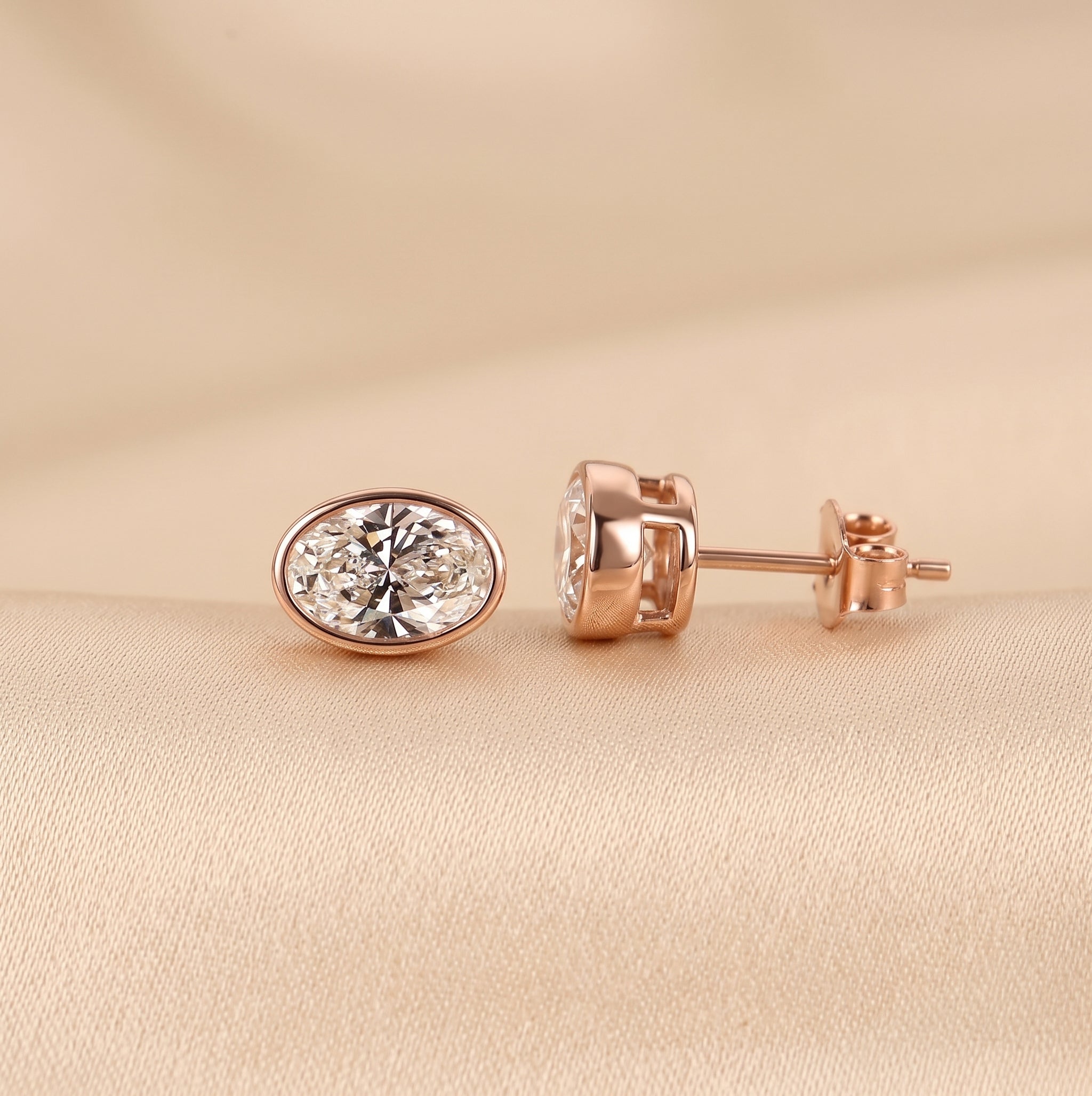 Bezel Set Oval Lab Grown Diamond Stud Earrings in 14K Rose Gold 3 CTW