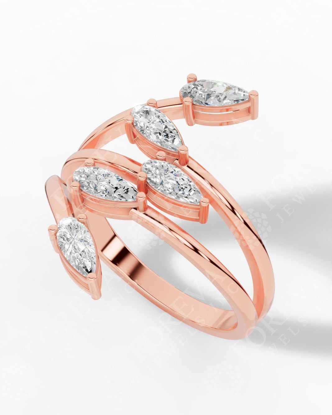 Branch & Leaf Multi Stone Bypass Pear Cut Lab Grown Diamond Wedding Ring 18k rose gold