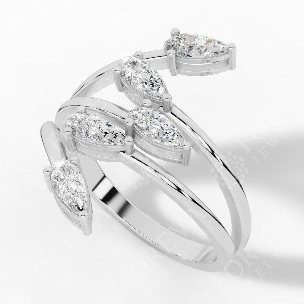 Branch & Leaf Multi Stone Bypass Pear Cut Lab Grown Diamond Wedding Ring 18k white gold