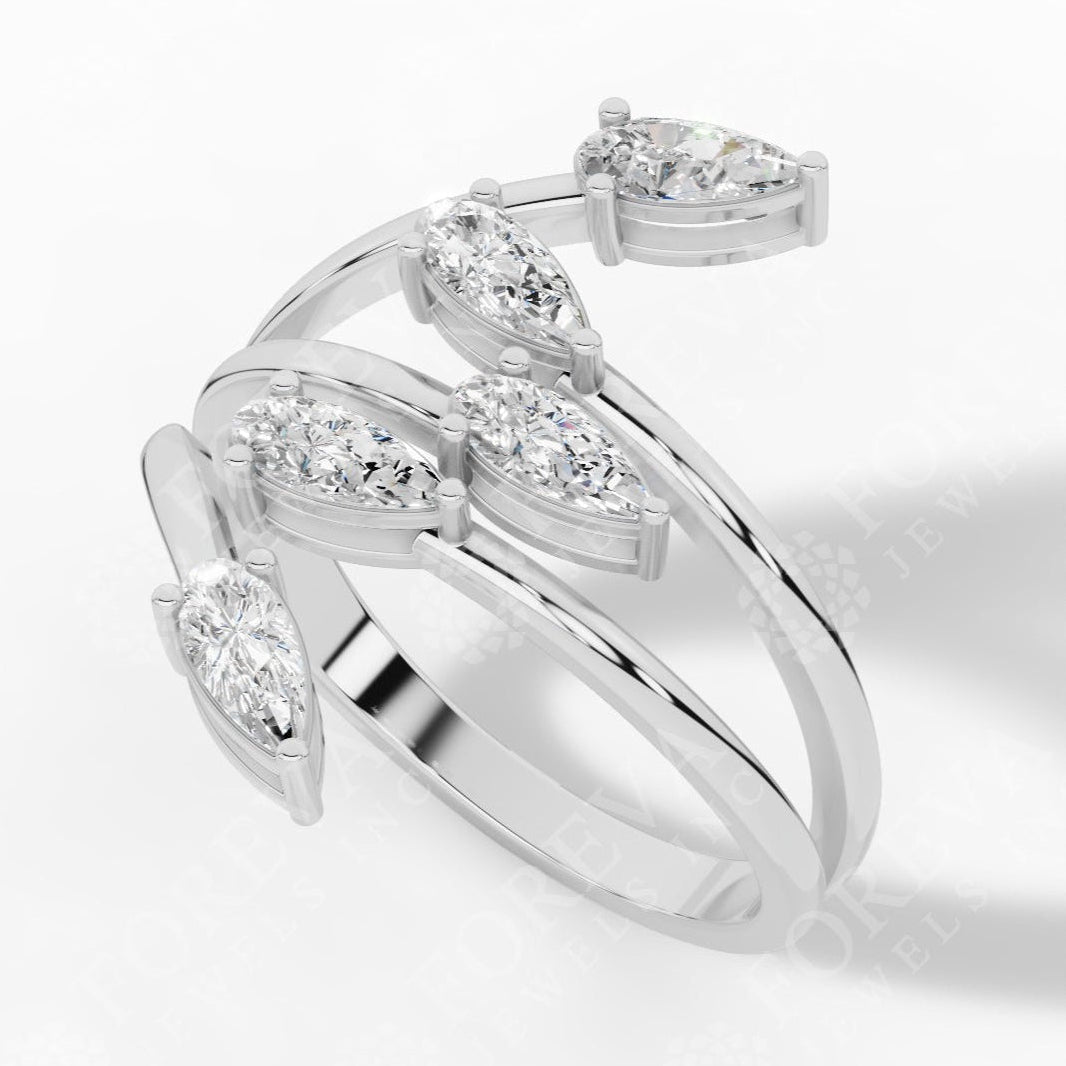 Branch & Leaf Multi Stone Bypass Pear Cut Lab Grown Diamond Wedding Ring 18k white gold