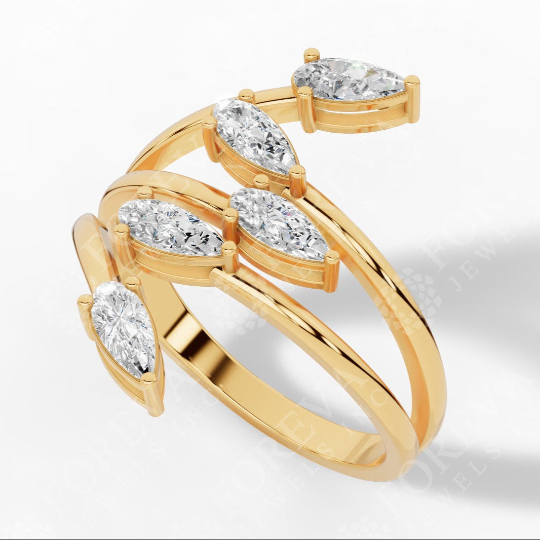 Branch & Leaf Multi Stone Bypass Pear Cut Lab Grown Diamond Wedding Ring 18k yellow gold