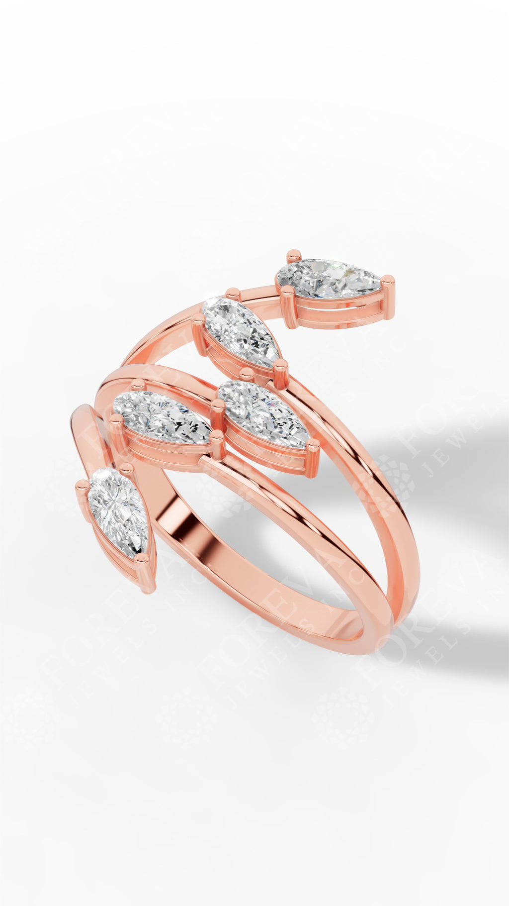 Branch & Leaf Multi Stone Bypass Pear Cut Wedding Ring 18K Rose Gold 0.6 CTW