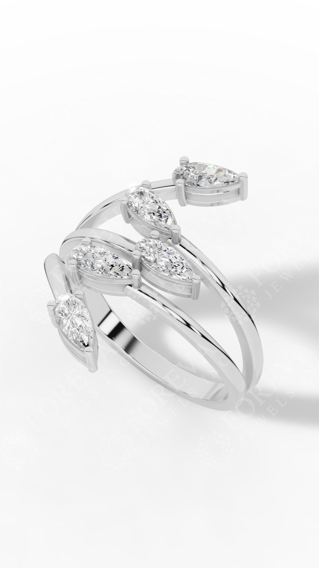 Branch & Leaf Multi Stone Bypass Pear Cut Wedding Ring 18K White Gold 0.6 CTW