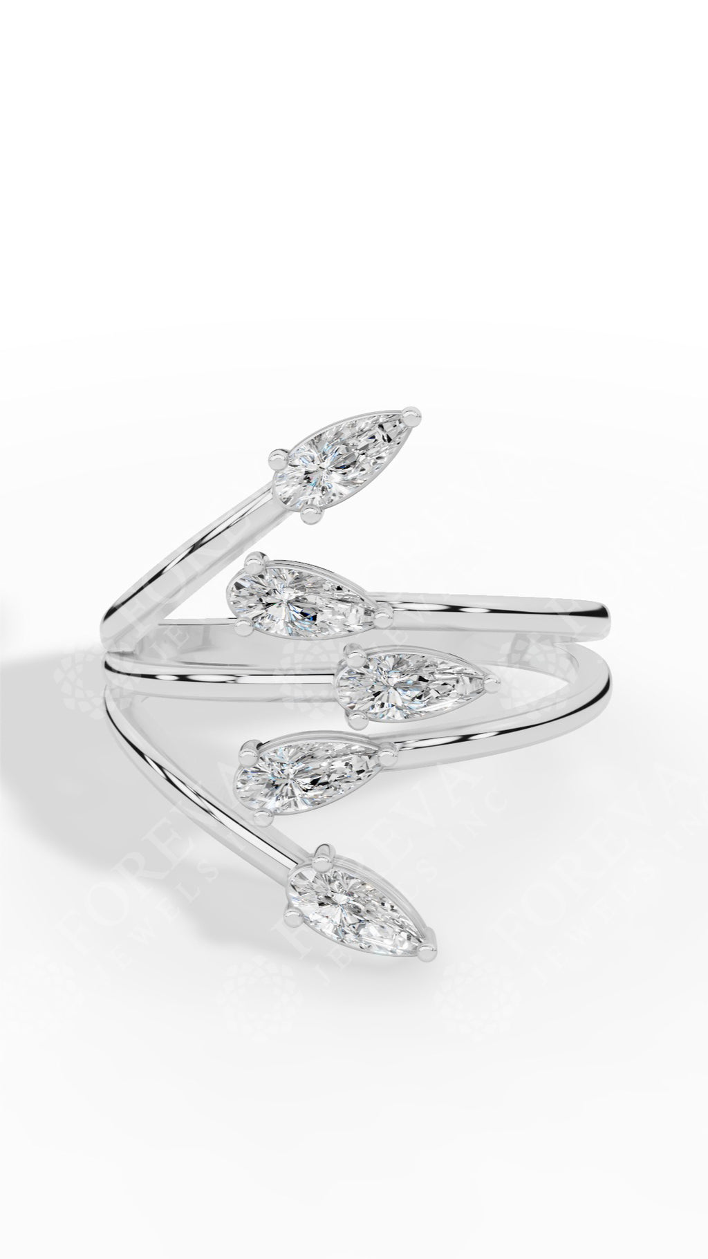 Branch & Leaf Multi Stone Bypass Pear Cut Wedding Ring 18K White Gold 0.6 CTW
