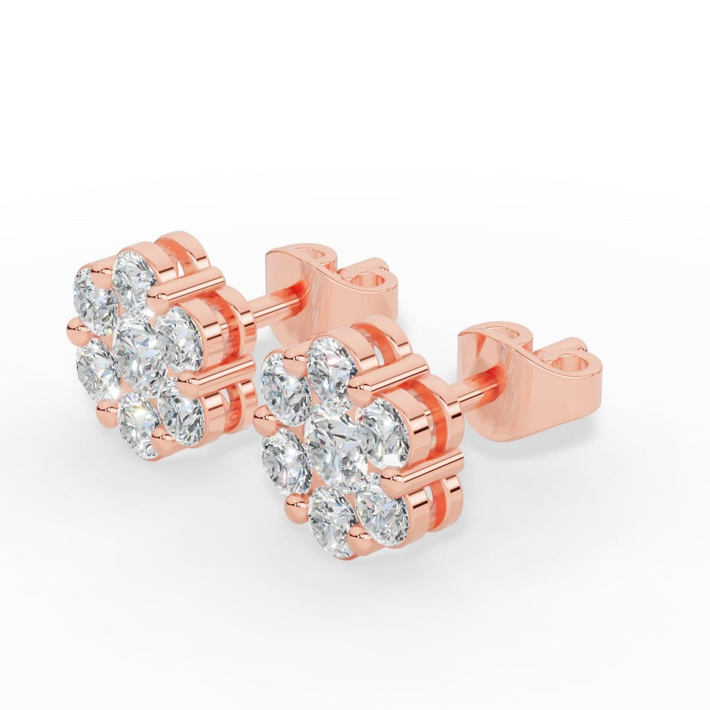 Brilliant round-cut lab grown diamonds form a radiant cluster in these elegant stud earrings, offering exceptional sparkle, ethical craftsmanship, and timeless style for everyday wear or special occasions. 18k rose gold