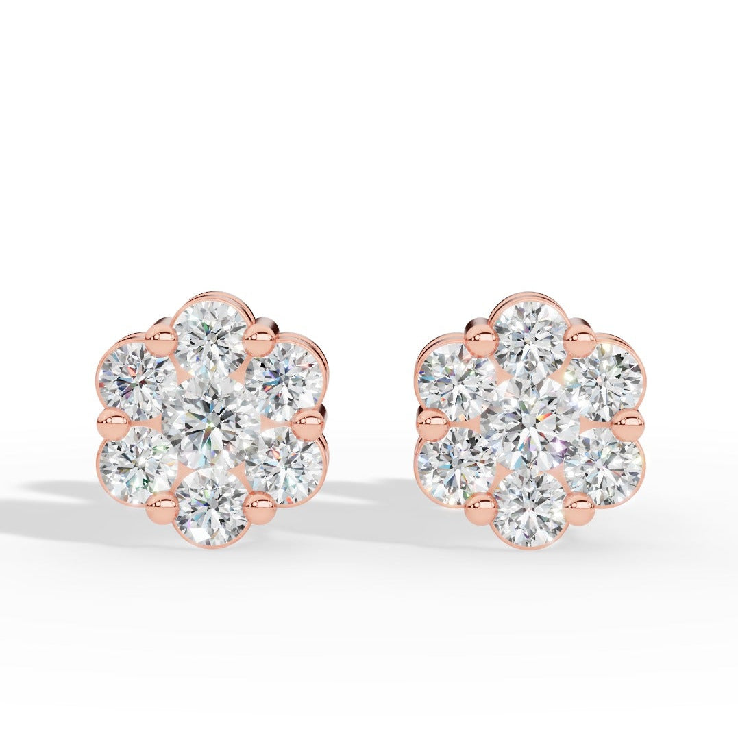 Brilliant round-cut lab grown diamonds form a radiant cluster in these elegant stud earrings, offering exceptional sparkle, ethical craftsmanship, and timeless style for everyday wear or special occasions. rose gold