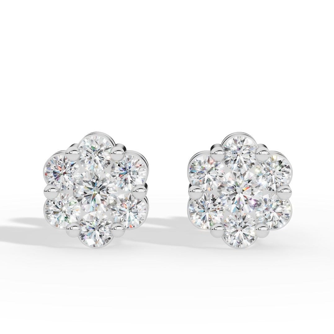 Brilliant round-cut lab grown diamonds form a radiant cluster in these elegant stud earrings, offering exceptional sparkle, ethical craftsmanship, and timeless style for everyday wear or special occasions.
