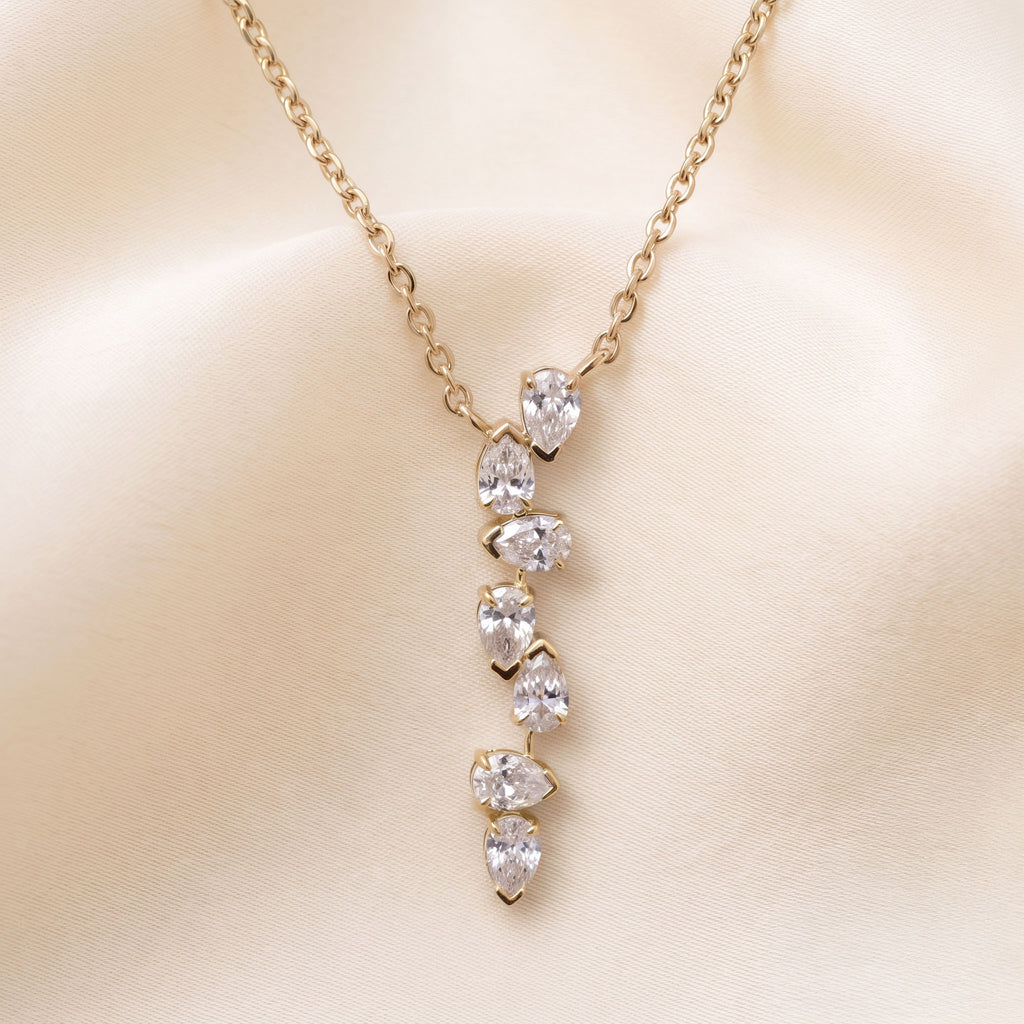 Cascading Pear Drop Pendant With Stunning Pear Cut With Chain 14K Yellow Gold 0.6 CTW