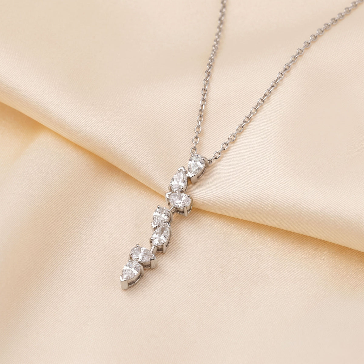 Cascading Pear Drop Pendant With Stunning Pear Cut With Chain 18K White Gold 0.6 CTW