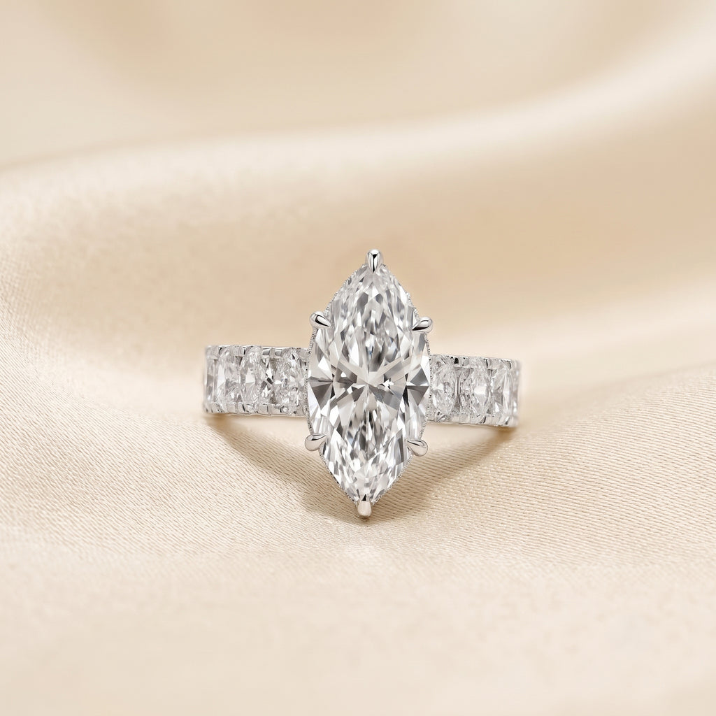 Classic Marquise Lab Grown Diamond Ring with Oval Accents in 10K White Gold 3.70 CTW