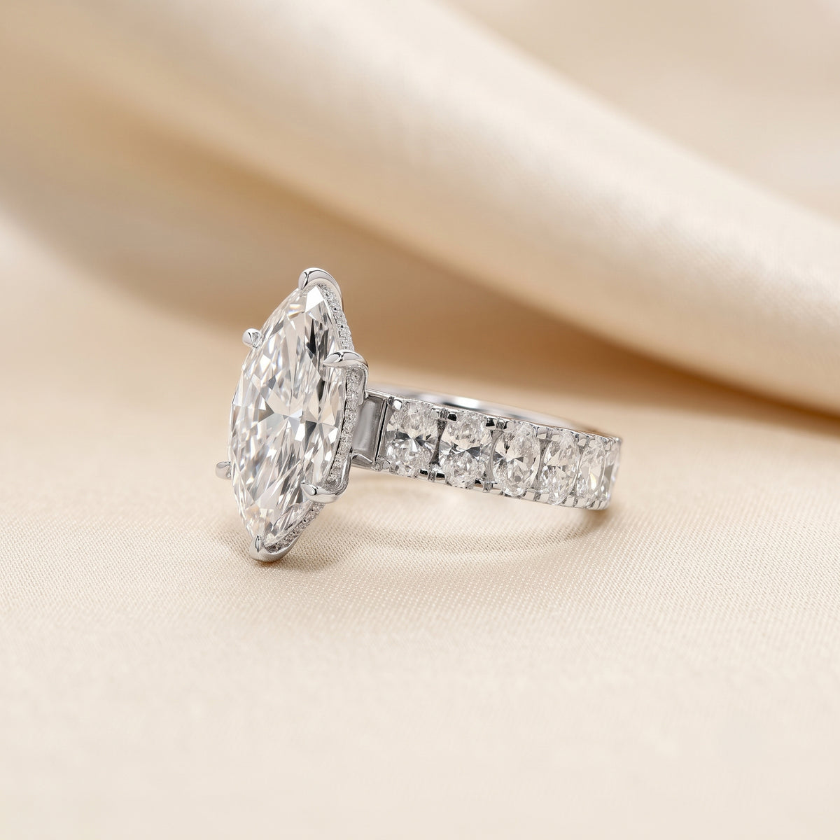 Classic Marquise Lab Grown Diamond Ring with Oval Accents in 14K White Gold 3.70 CTW