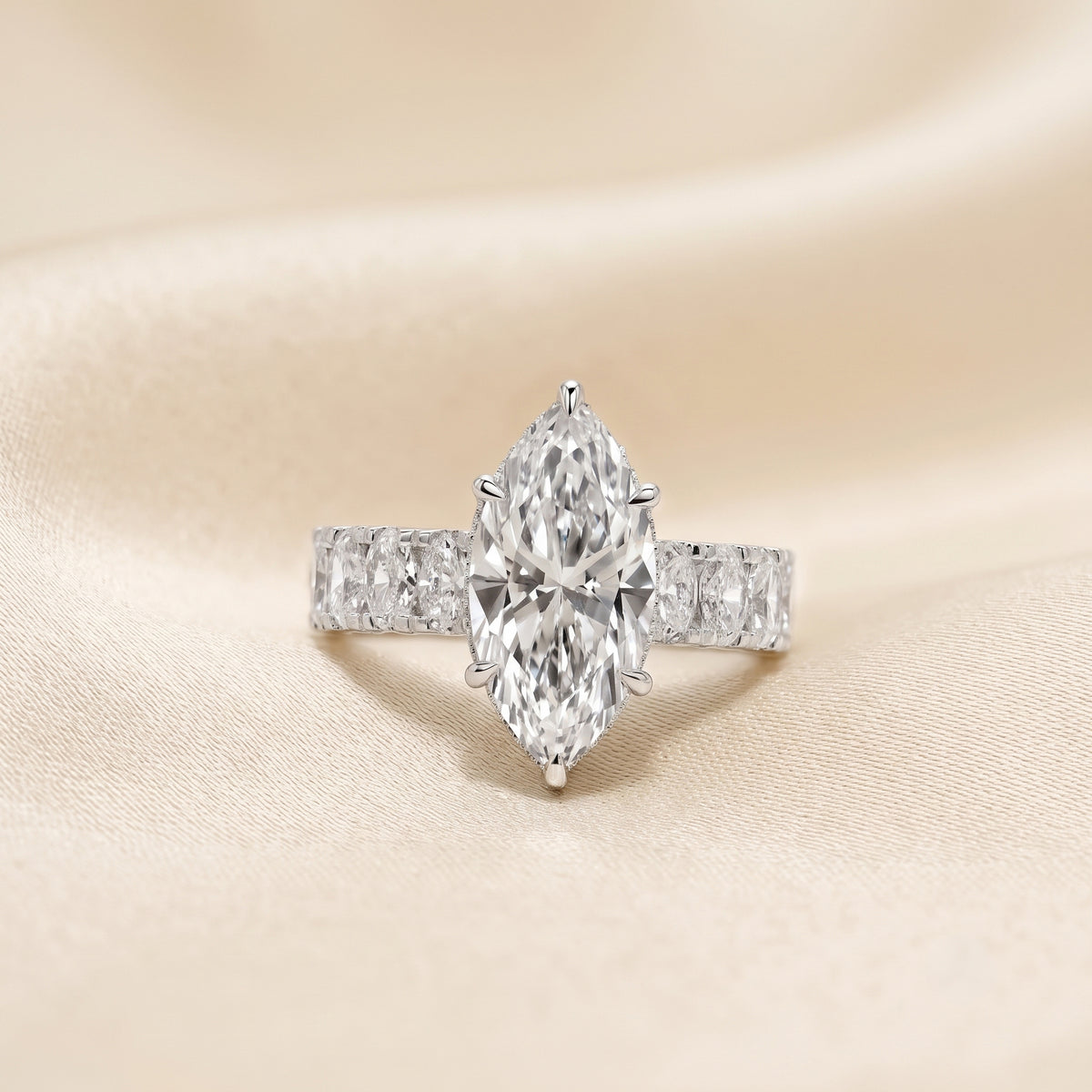 Classic Marquise Lab Grown Diamond Ring with Oval Accents in 14K White Gold 3.70 CTW