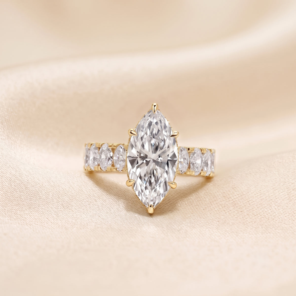 Classic Marquise Lab Grown Diamond Ring with Oval Accents in 18K Yellow Gold 3.70 CTW