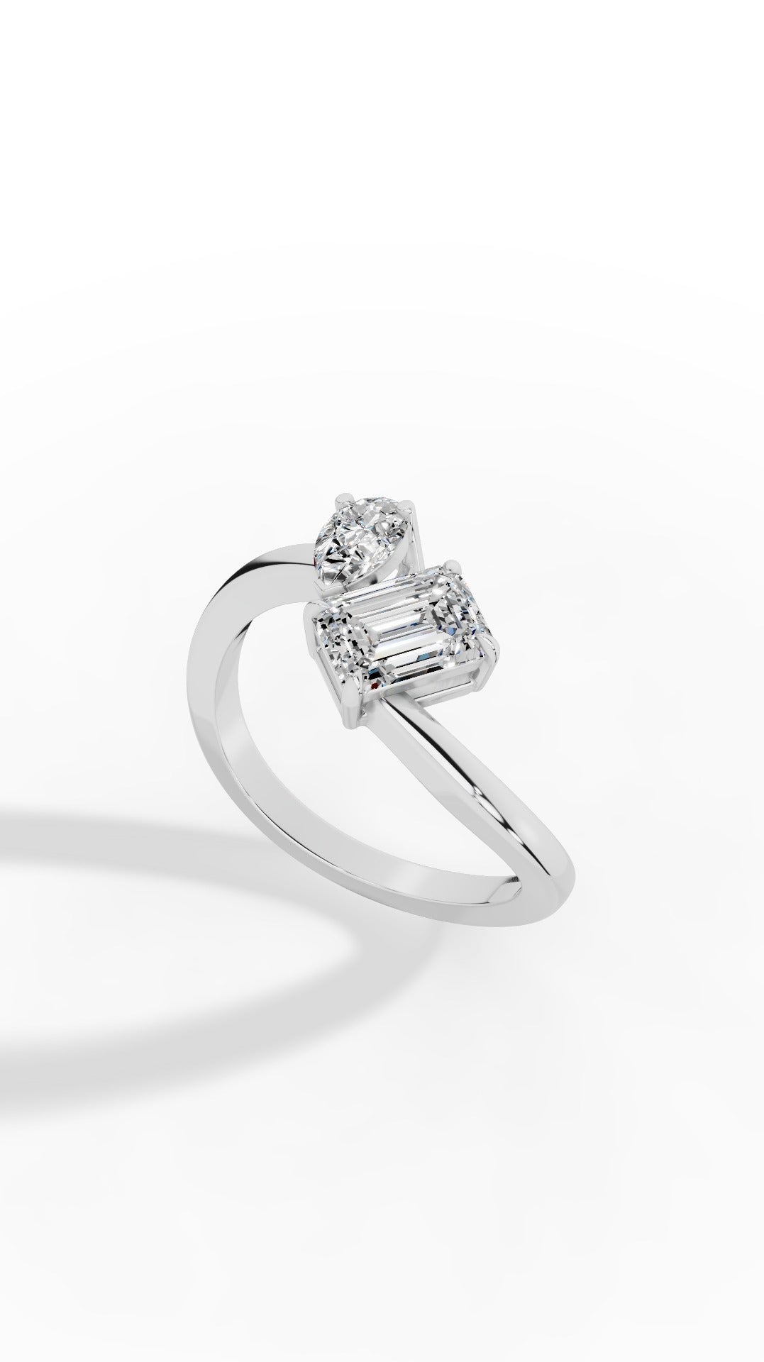 Curved Toi-Et-Moi Emerald & Pear Cut Ring 14K White Gold 1.30 CTW