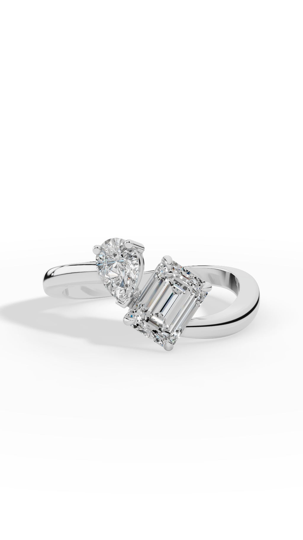 Curved Toi-Et-Moi Emerald & Pear Cut Ring 14K White Gold 1.30 CTW