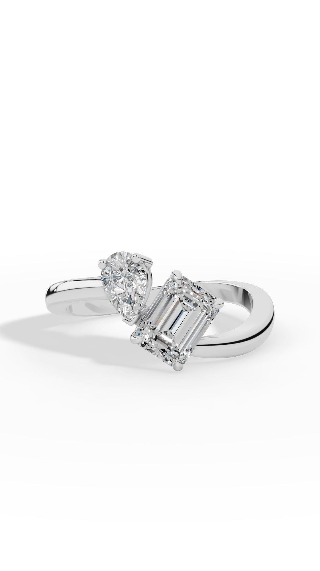 Curved Toi-Et-Moi Emerald & Pear Cut Ring 14K White Gold 1.30 CTW