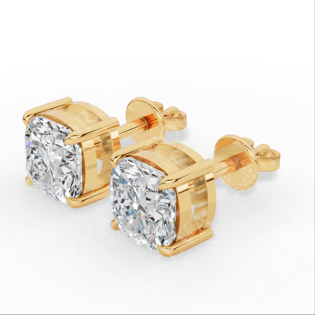 Cushion Cut Solitaire Lab-Grown Diamond Stud Earrings 18k yellow gold