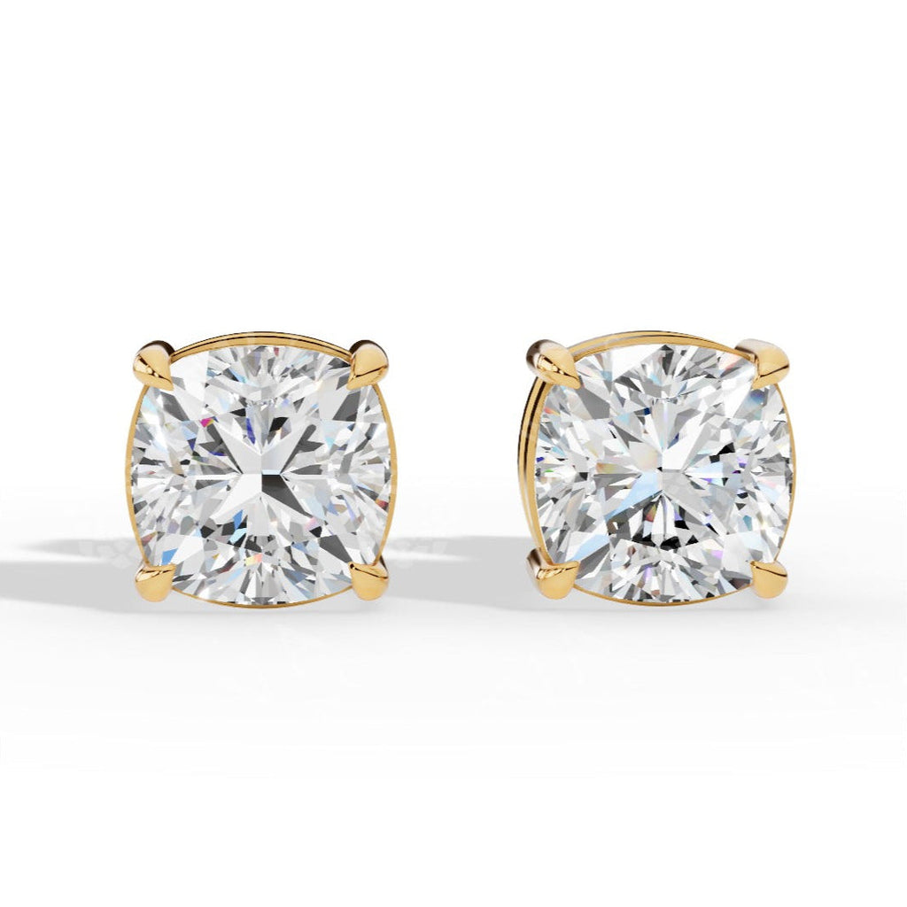 Cushion Cut Solitaire Lab-Grown Diamond Stud Earrings yellow gold