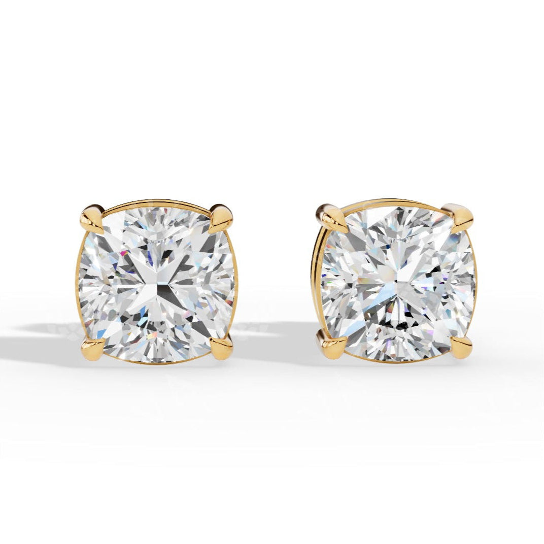 Cushion Cut Solitaire Lab-Grown Diamond Stud Earrings yellow gold