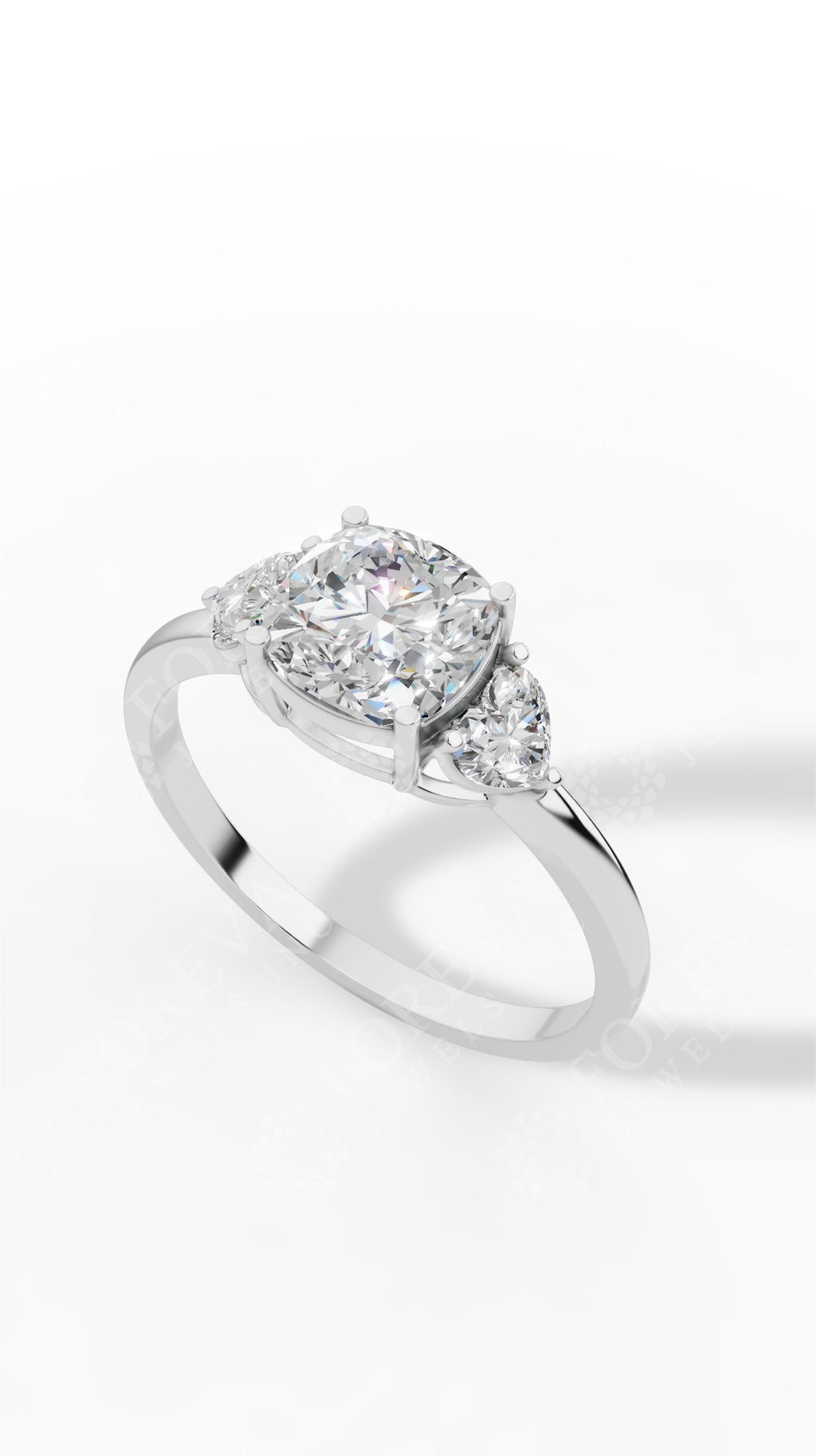 Cushion Cut Trio Ring With Heart Cut Solitaire 10K White Gold 1.8 CTW