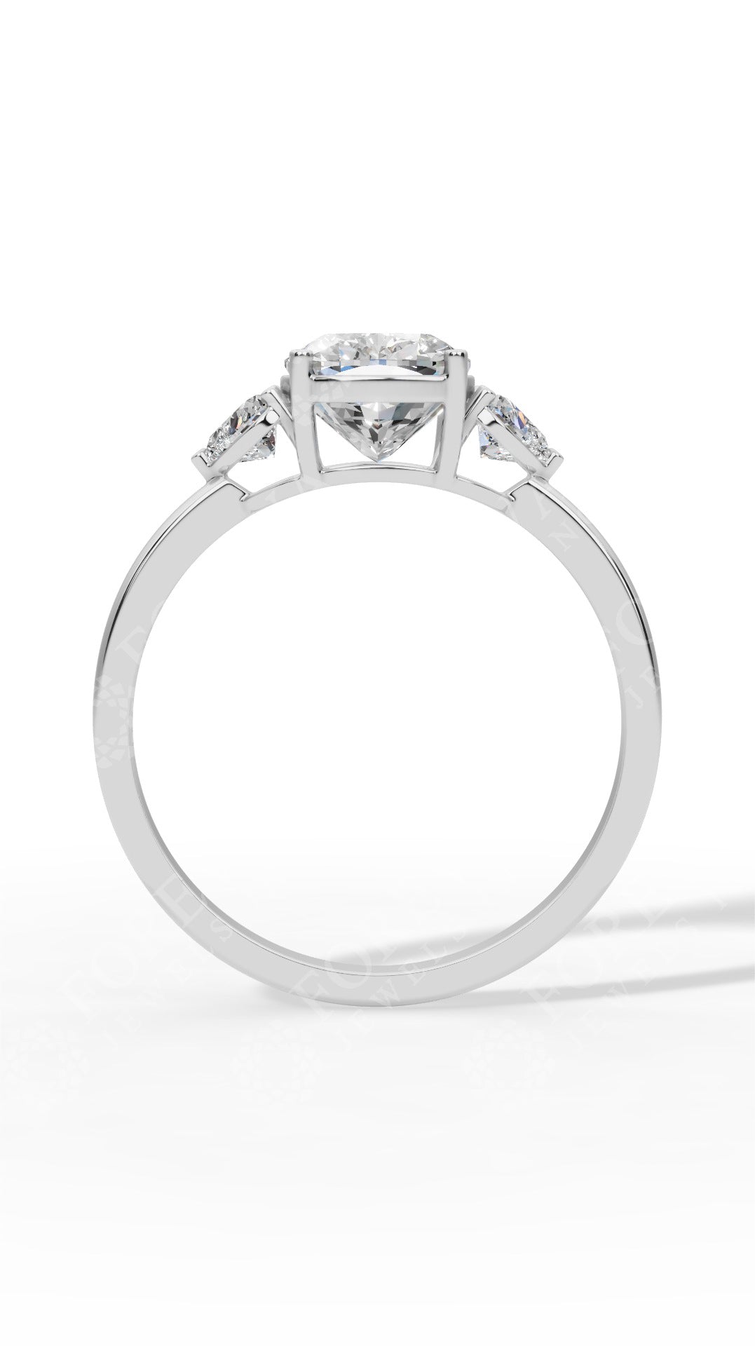 Cushion Cut Trio Ring With Heart Cut Solitaire 14K White Gold 1.8 CTW