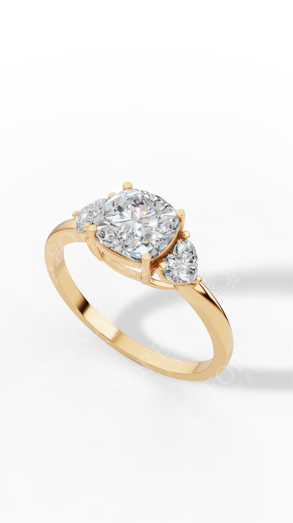 Cushion Cut Trio Ring With Heart Cut Solitaire 14K Yellow Gold 1.8 CTW