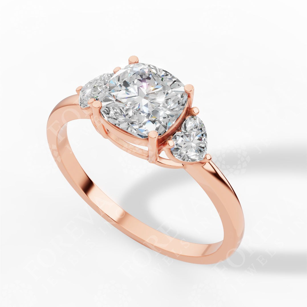 Cushion Cut Trio Ring With Heart Cut Solitaire Lab Grown Diamond 18k rose gold