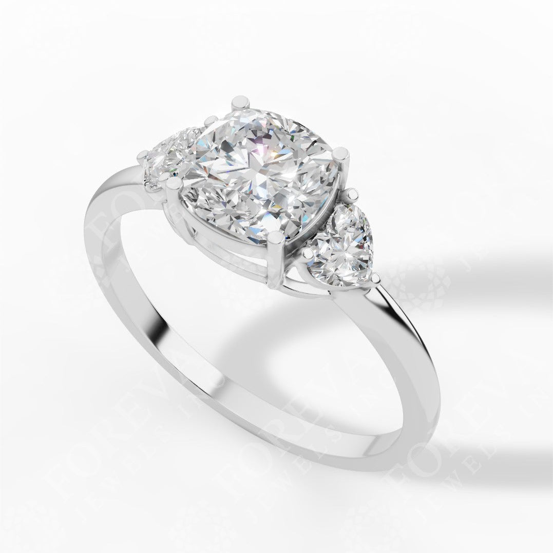 Cushion Cut Trio Ring With Heart Cut Solitaire Lab Grown Diamond 18k white gold
