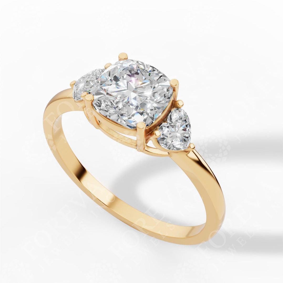 Cushion Cut Trio Ring With Heart Cut Solitaire Lab Grown Diamond 18k yellow gold