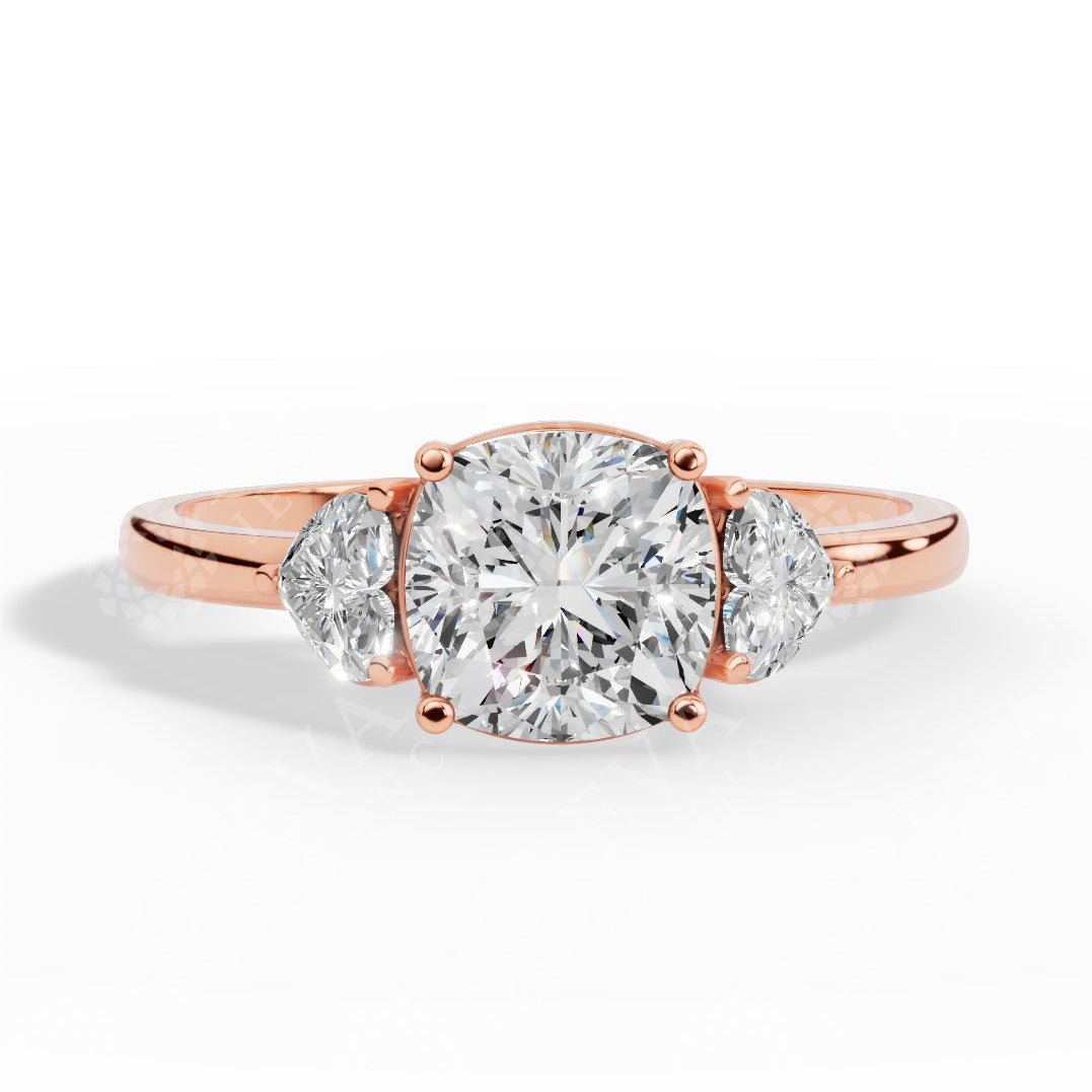Cushion Cut Trio Ring With Heart Cut Solitaire Lab Grown Diamond rose gold