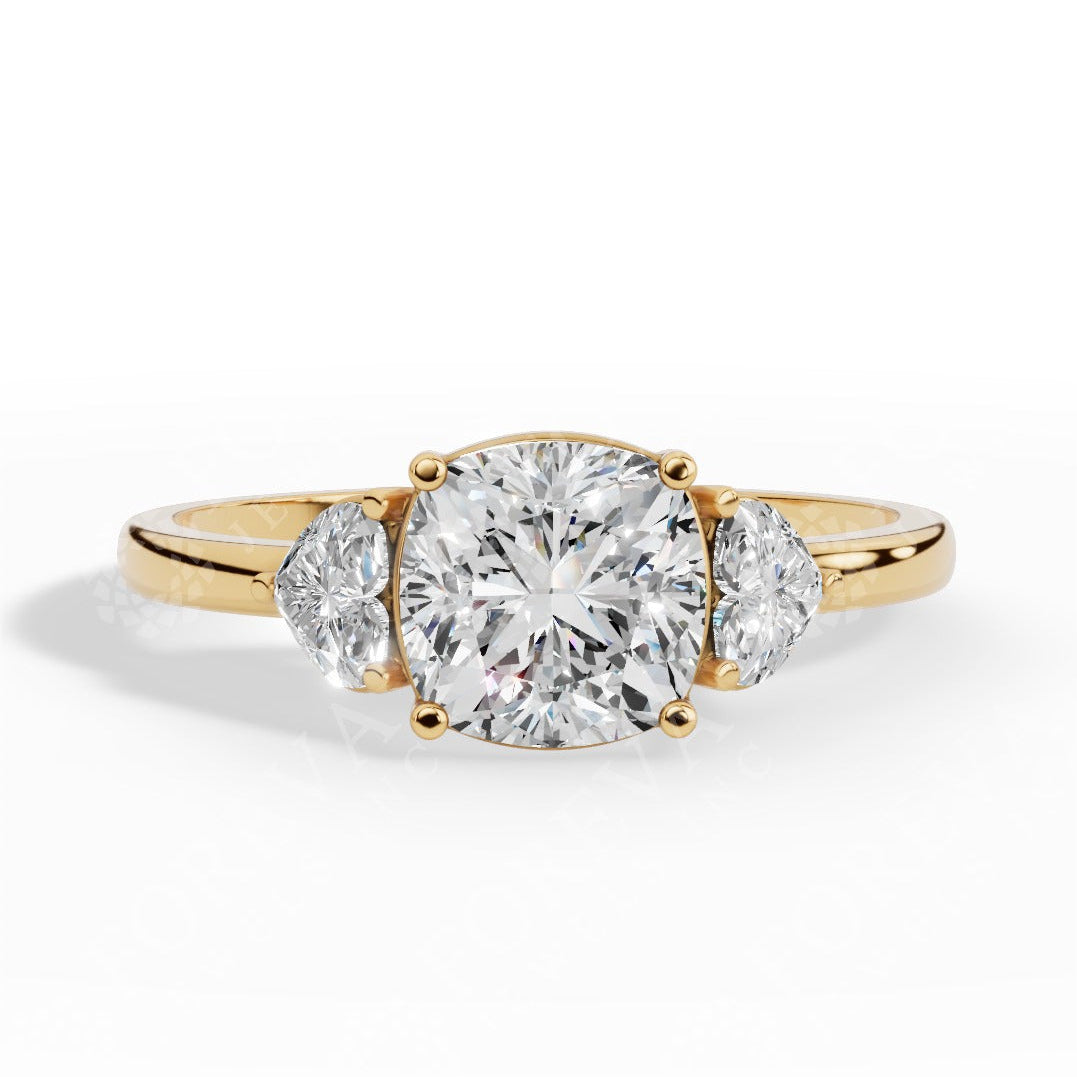 Cushion Cut Trio Ring With Heart Cut Solitaire Lab Grown Diamond yellow gold