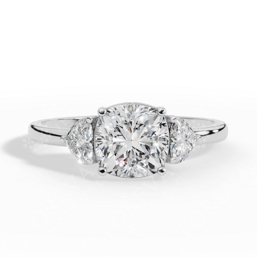 Cushion Cut Trio Ring With Heart Cut Solitaire Lab Grown Diamond