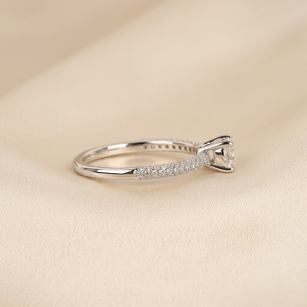 Cushion Lab Grown Diamond Pavé Ring in 18K White Gold 0.86 CTW