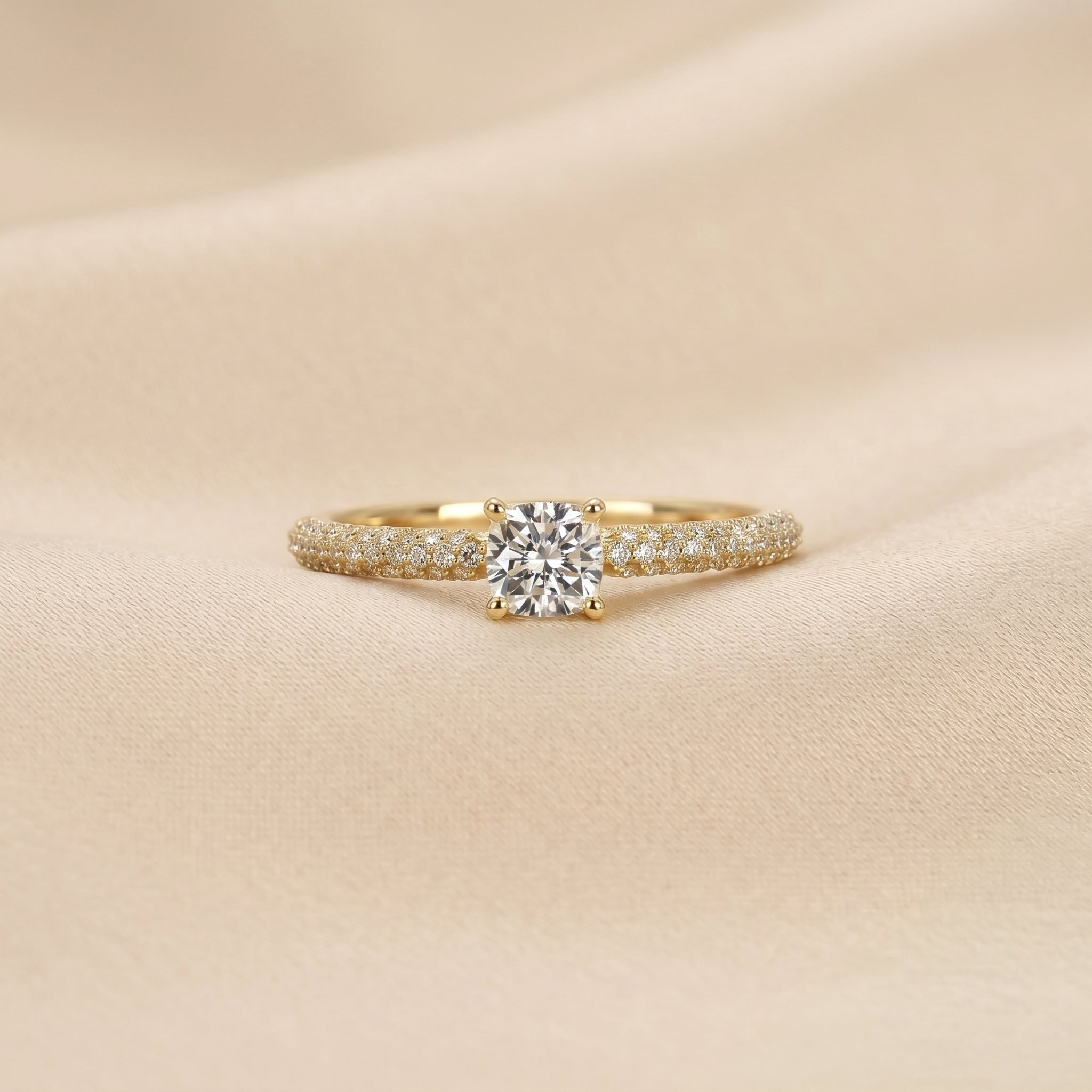 Cushion Lab Grown Diamond Pavé Ring in 18K Yellow Gold 0.86 CTW