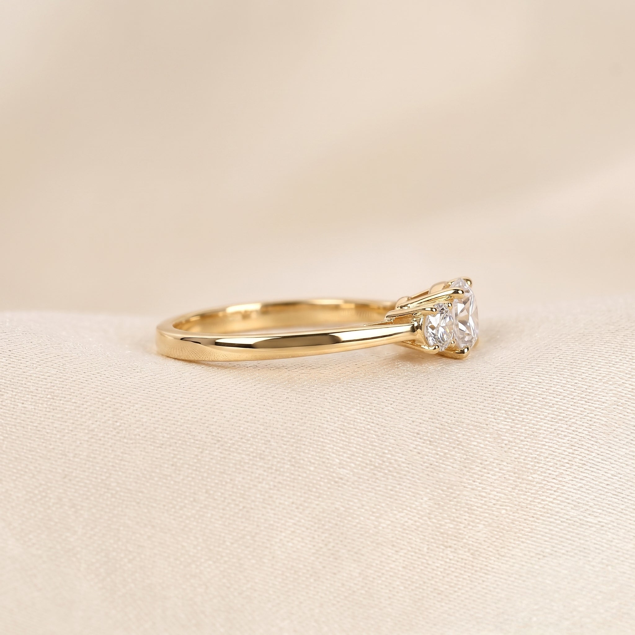 Cushion Lab Grown Diamond Trilogy Ring in 18K Yellow Gold 1.61 CTW