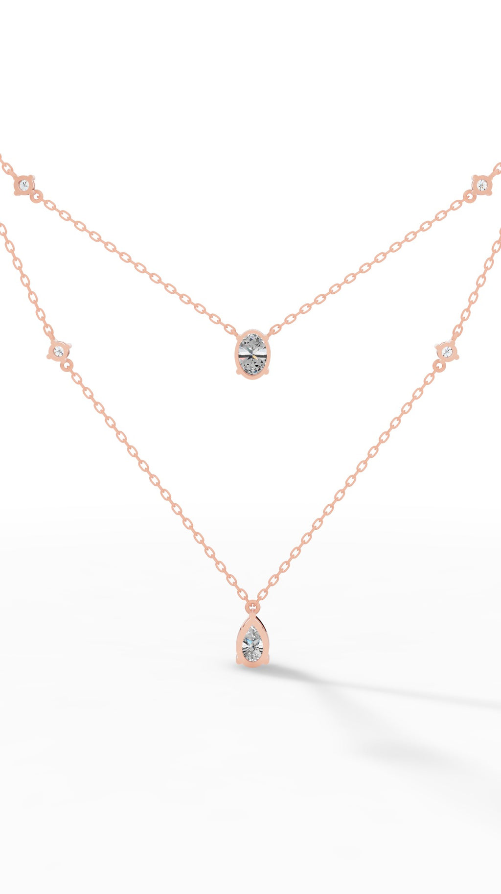Delicate Layered Necklace With Pear, Oval & Round Cut With Chain 10K Rose Gold 2.5 CTW