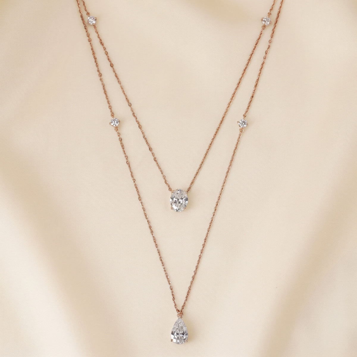 Pear, Oval & Round Lab Grown Diamond Layered Necklace with Chain in 10K Rose Gold 2.5 CTW