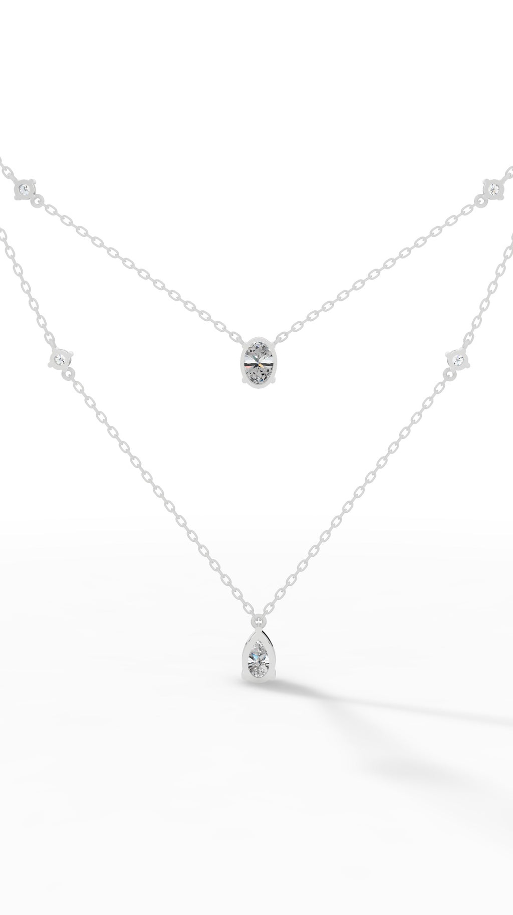 Delicate Layered Necklace With Pear, Oval & Round Cut With Chain 10K White Gold 2.5 CTW