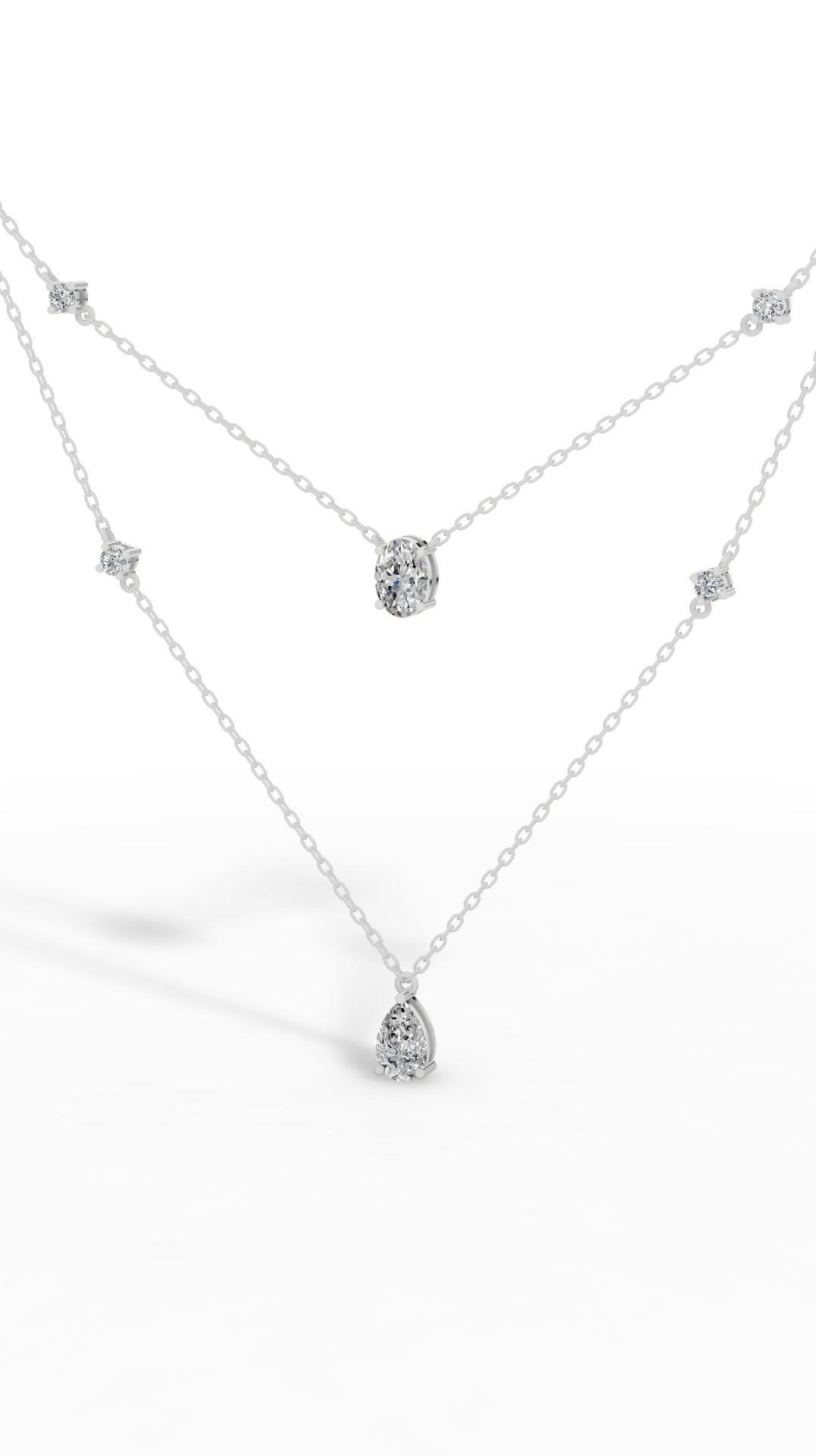 Delicate Layered Necklace With Pear, Oval & Round Cut With Chain 10K White Gold 2.5 CTW
