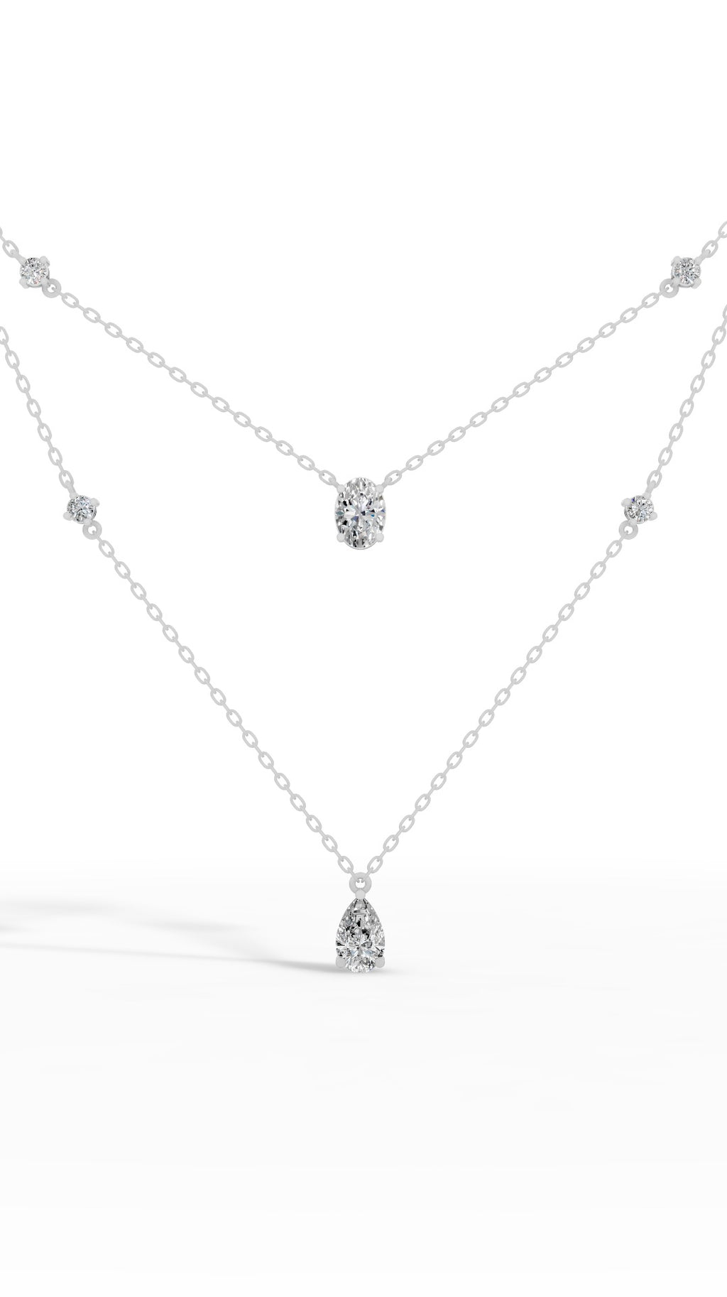 Delicate Layered Necklace With Pear, Oval & Round Cut With Chain 10K White Gold 2.5 CTW