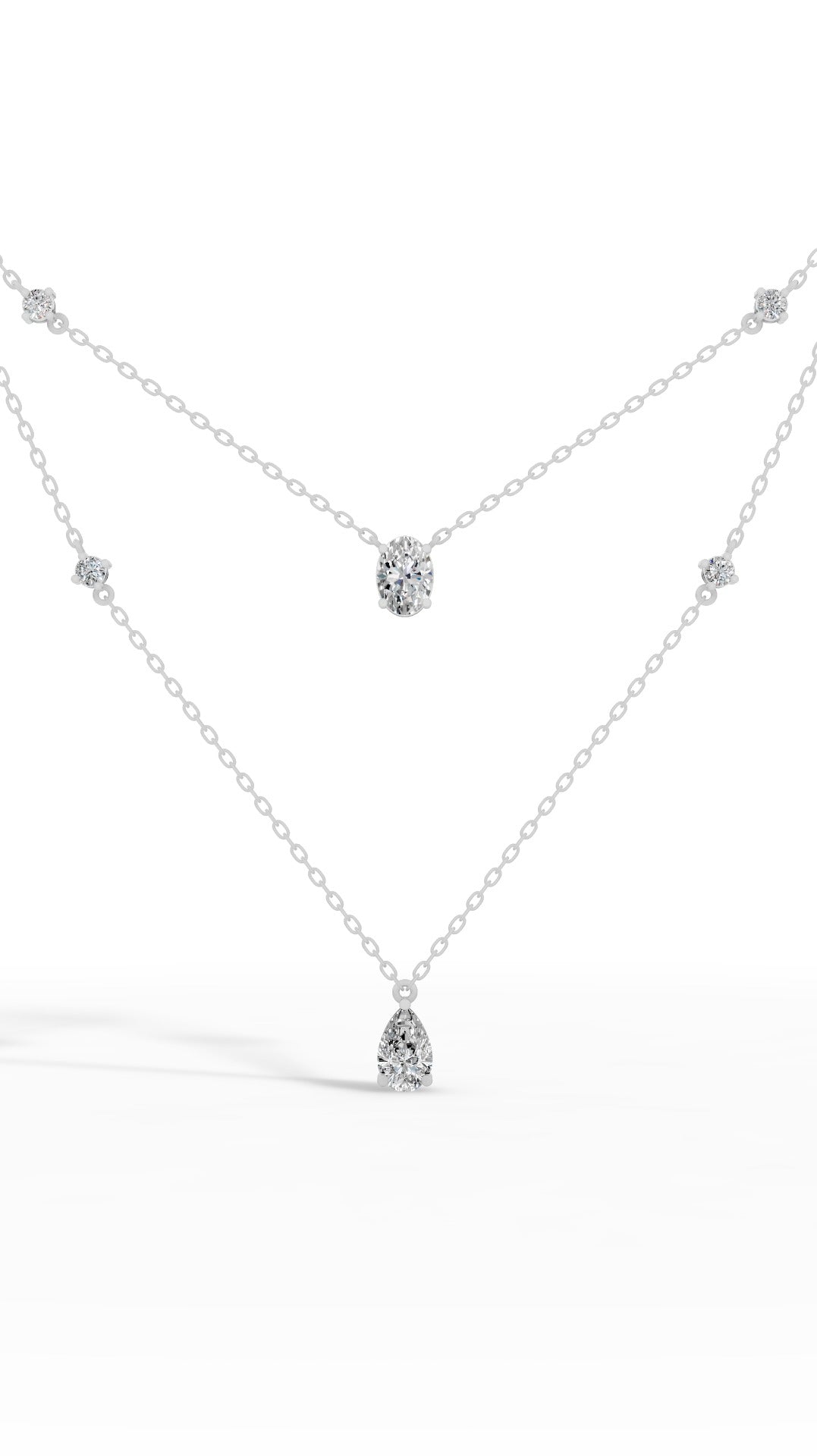 Delicate Layered Necklace With Pear, Oval & Round Cut With Chain 10K White Gold 2.5 CTW