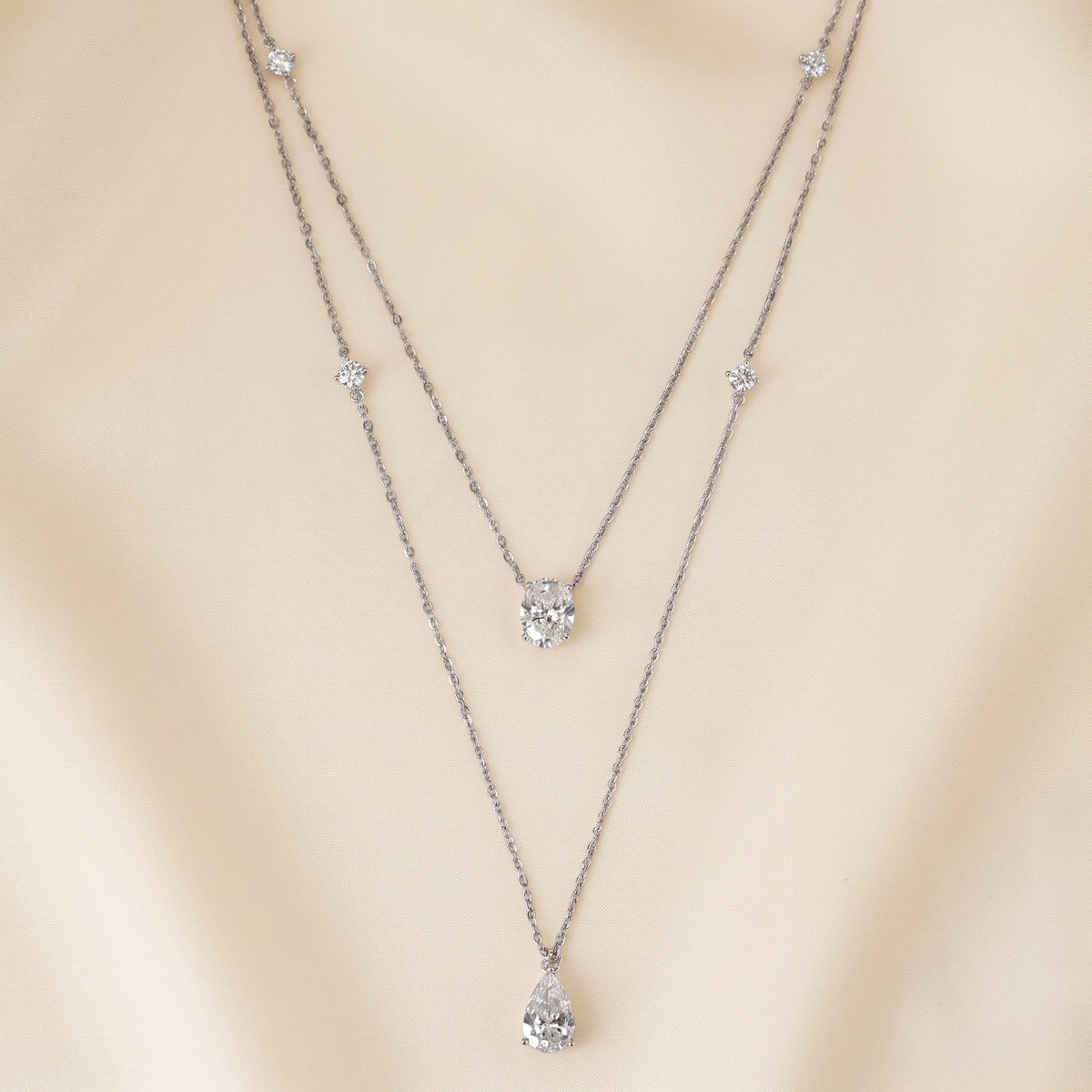 Delicate Layered Necklace With Pear, Oval & Round Cut With Chain 10K White Gold 2.5 CTW