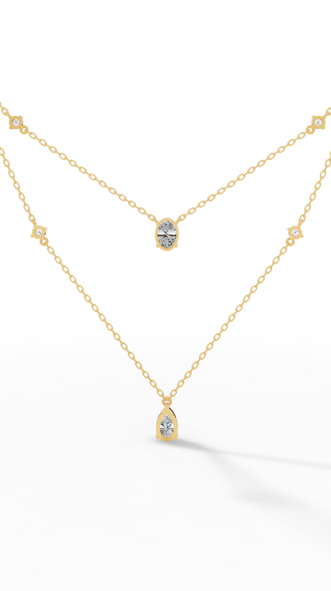 Delicate Layered Necklace With Pear, Oval & Round Cut With Chain 10K Yellow Gold 2.5 CTW