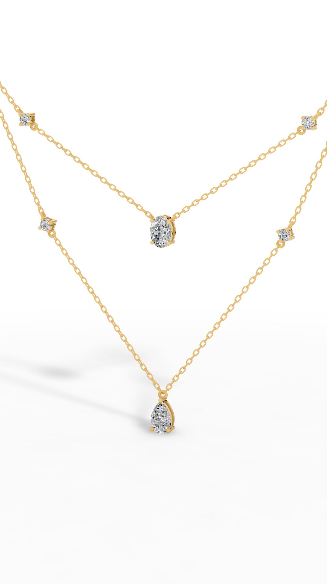 Delicate Layered Necklace With Pear, Oval & Round Cut With Chain 10K Yellow Gold 2.5 CTW