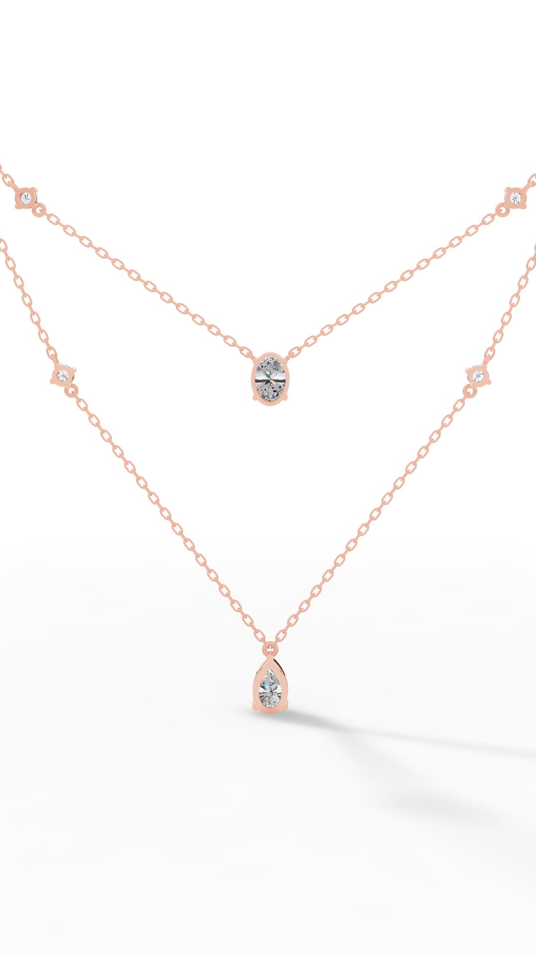 Delicate Layered Necklace With Pear, Oval & Round Cut With Chain 14K Rose Gold 2.5 CTW
