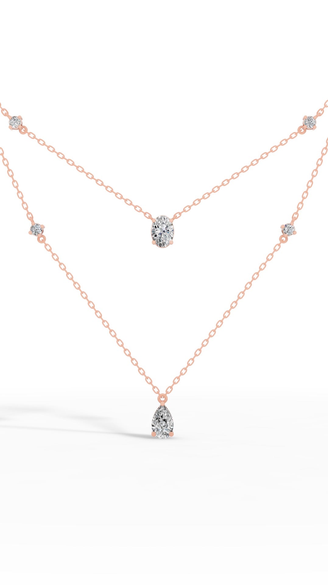 Delicate Layered Necklace With Pear, Oval & Round Cut With Chain 14K Rose Gold 2.5 CTW