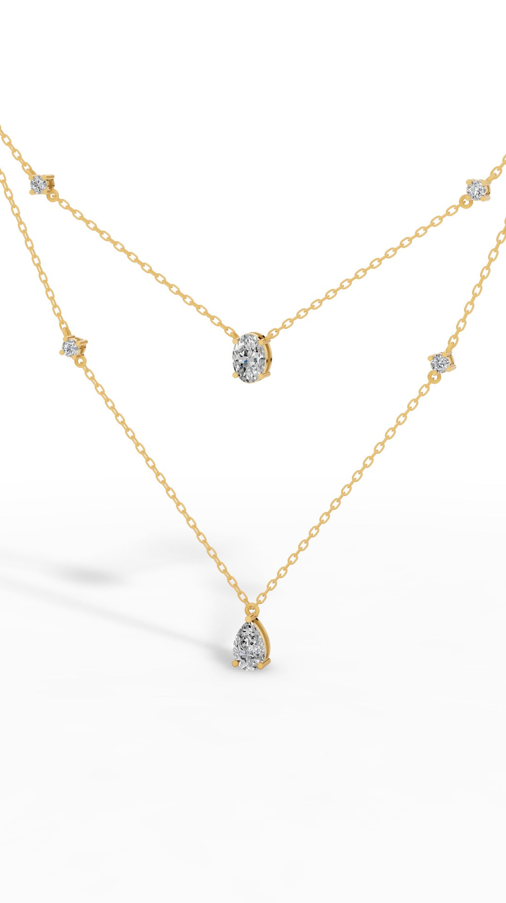 Delicate Layered Necklace With Pear, Oval & Round Cut With Chain 14K Yellow Gold 2.5 CTW