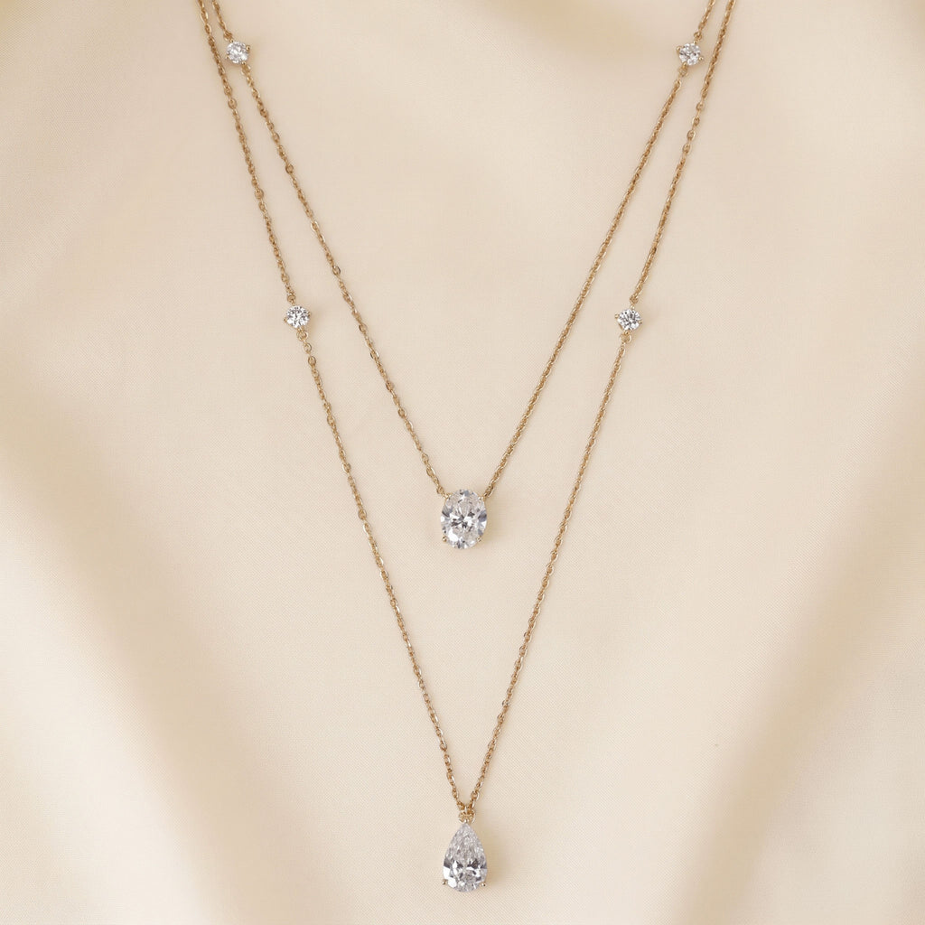 Delicate Layered Necklace With Pear, Oval & Round Cut With Chain 14K Yellow Gold 2.5 CTW