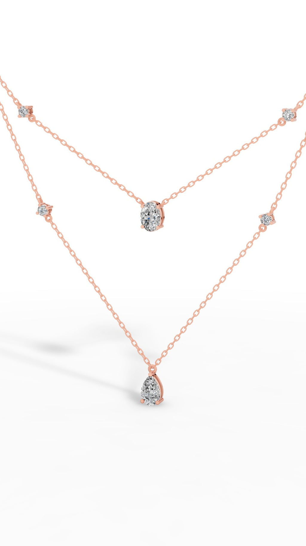 Delicate Layered Necklace With Pear, Oval & Round Cut With Chain 18K Rose Gold 2.5 CTW
